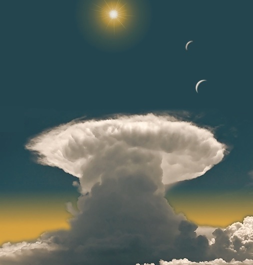 The towering thunderhead in Na's dream, thrusting from lower clouds through a golden haze into a deep blue sky, beneath a sparkling sun and a pair of crescent moons