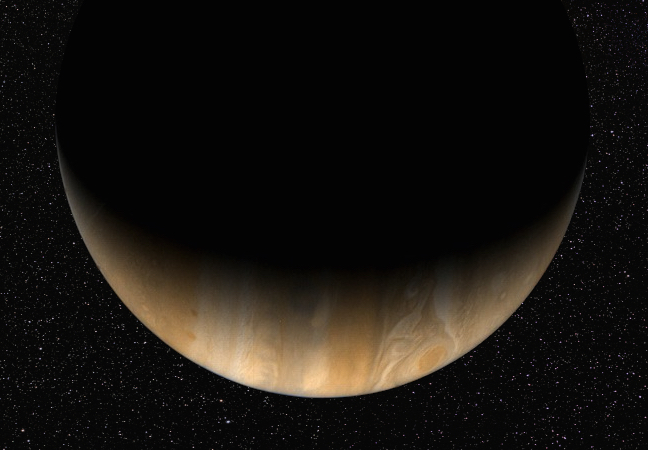 Gas-giant planet Jopitar in crescent phase, facing downward
